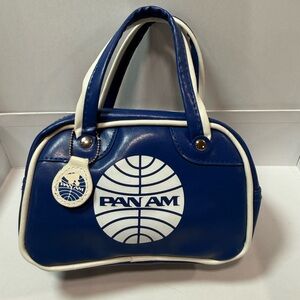 PAN AM Mini Handbag Blue & White Logo Purse Retro Airline Travel Bag RARE EUC